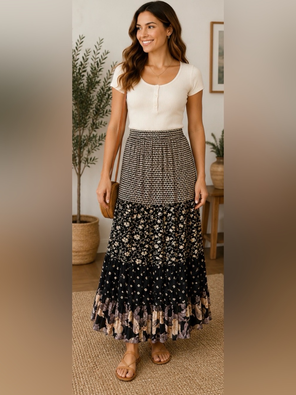 662 Vintage Jorden Kare Lifestyle Mixed Print Tiered Maxi Skirt XS Boho USA